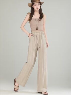 Source Unknown Beige Wide-Leg Drawstring Pants